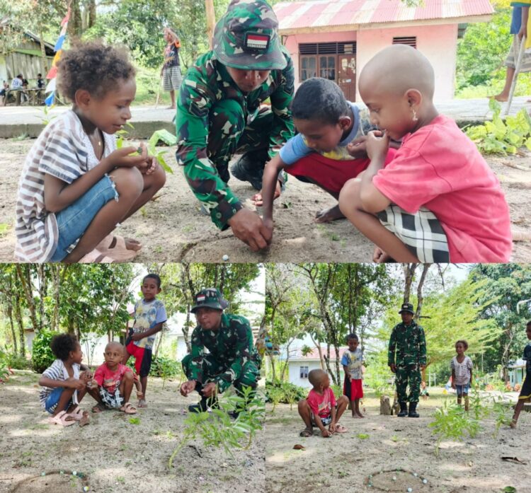 Bermain Kelereng Bersama Anak-Anak di Lokasi TMMD Ke-128 Kodim 1801/Manokwar
