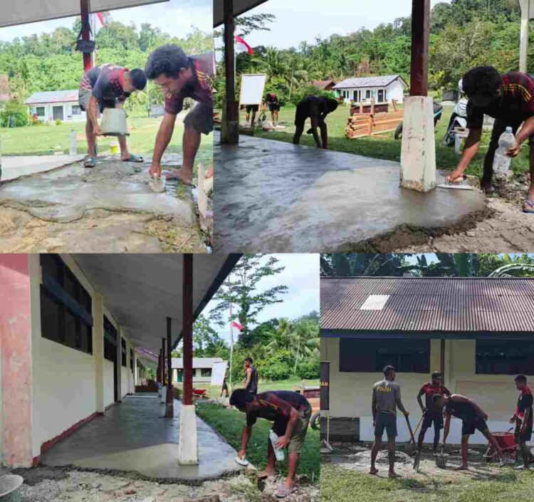 TMMD Ke-128 Kodim 1801/Manokwari Kwrjakan Pengecoran Lantai Teras SD Inpres 62 Asai