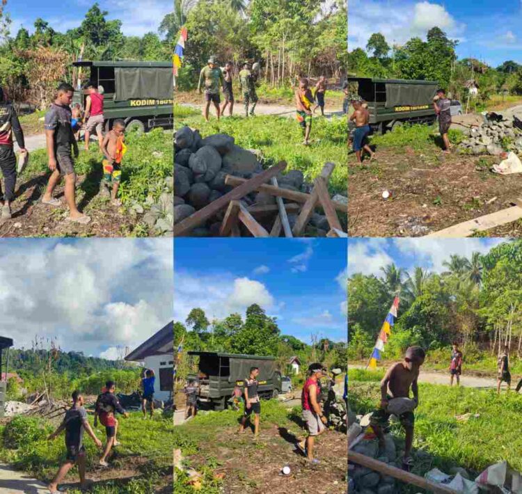 Bersama Warga, Satgas TMMD Ke-128 Kodim 1801/Manokwari Muat Batu Pondasi Pagar Gereja GPKAI Jemaat Erroi
