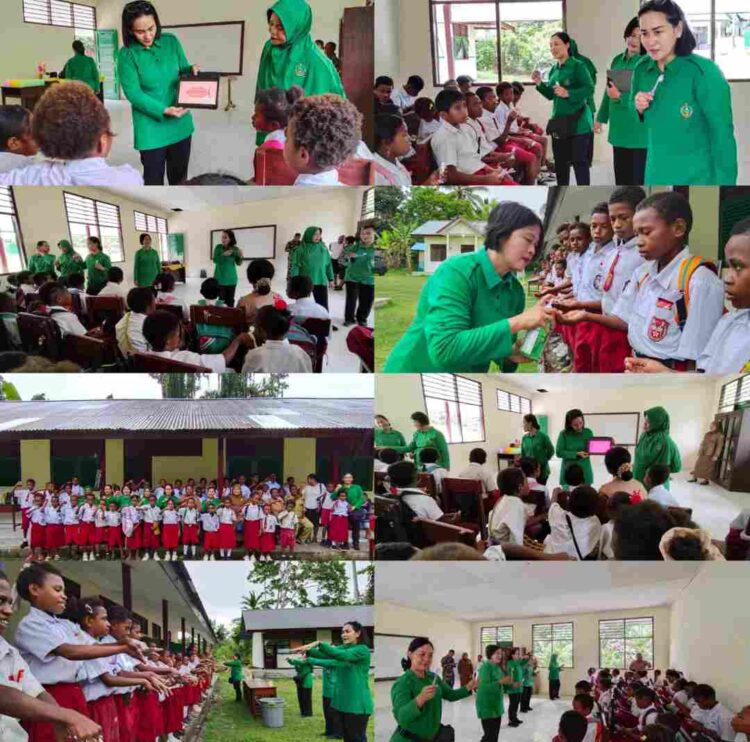 Persit KCK Cabang XII Kodim 1801/PD XVIII Kasuari Gelar Penyuluhan Gosok Gigi dan Cuci Tangan di SD Inpres 62 Asai