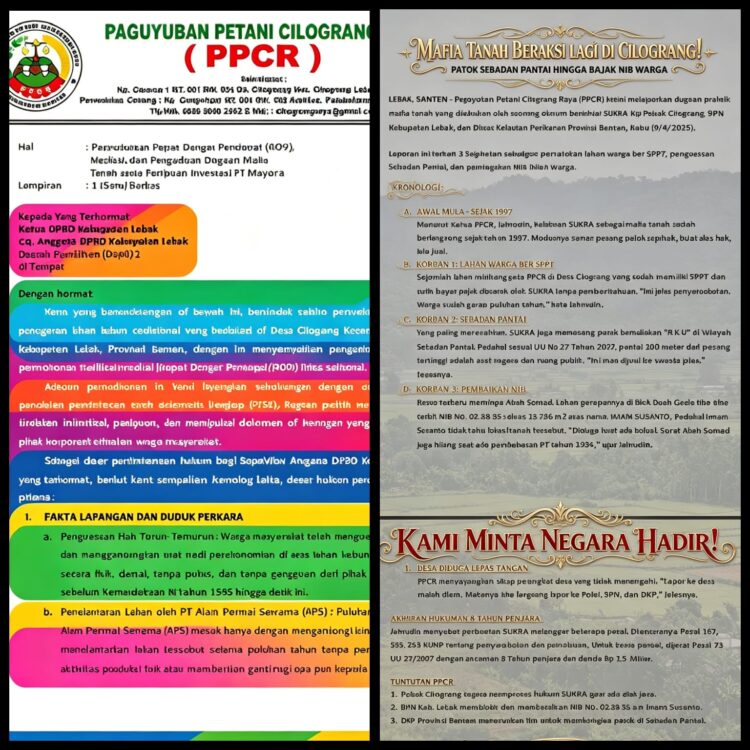 Paguyuban Petani Cilograng Raya ( PPCR) Resmi Melaporkan Dugaan Mafia tanah 