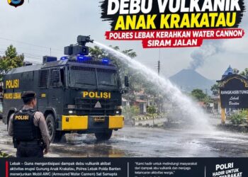 Respons Cepat Debu Vulkanik Anak Krakatau, Polres Lebak Kerahkan Water Cannon Siram Jalan